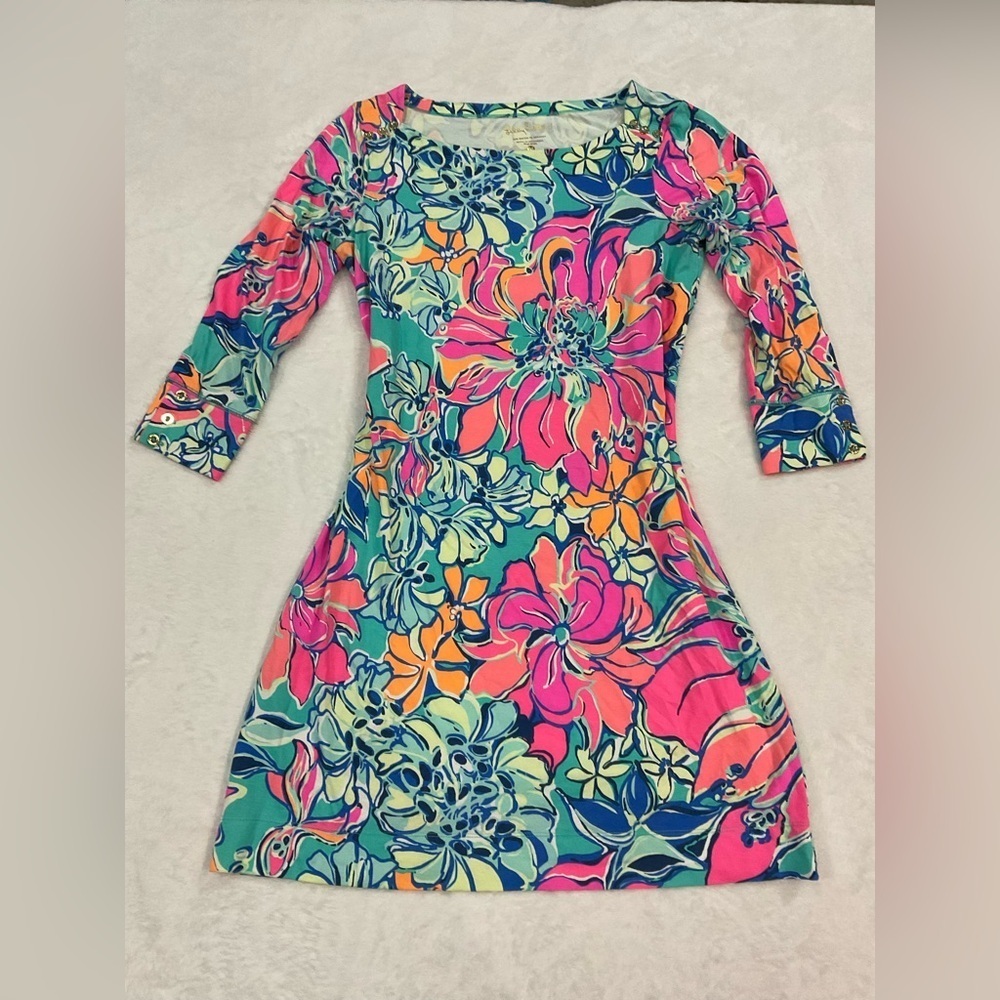 Lilly Pulitzer Sophie UPF 50 Seaside Aqua Breezy Babe Jersey Tunic Dress